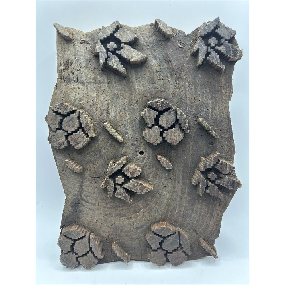 Vintage Hand Carved Indian Wooden Printing Blocks Flower Engraved Textile